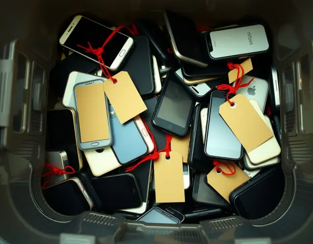 A lost and found bin full of tagged phones.