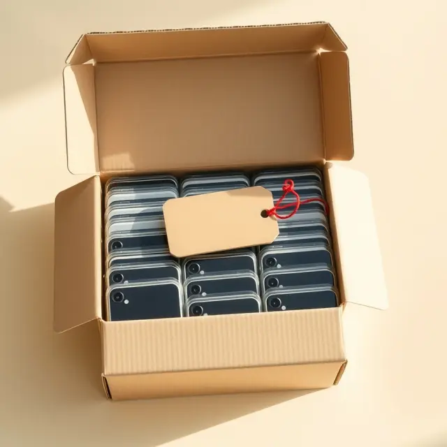 An open shipping box packed with phones in sleeves.