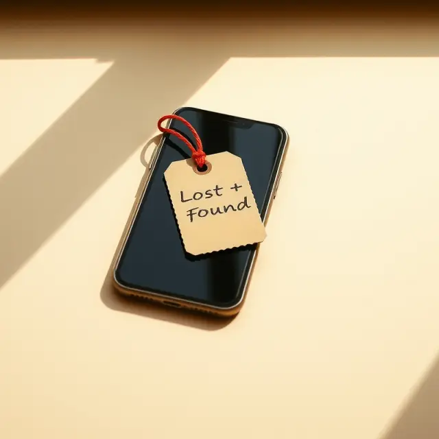 A phone with a lost and found tag resting in warm sunlight.